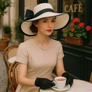 Wide Brim Straw Hat Black Ribbon Accent Summer Beach Sun‎ Hat Adjustable